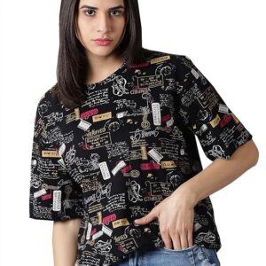 RodZen Oversized Printed Black T-Shirt for Womens/Girls