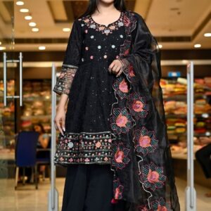 Black Color Sifli Georgette Embroidery Cotton Kurti With Sharara And Dupatta
