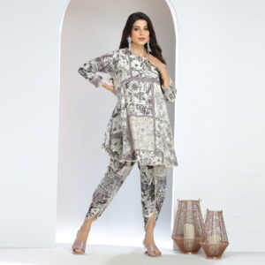 Gulal Couture Embroidered Sequin A-Line Top and Lace-Detailed Dhoti Pants Set