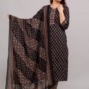 Cotton Floral Printed Straight Kurti With Trousers Pant and Dupatta